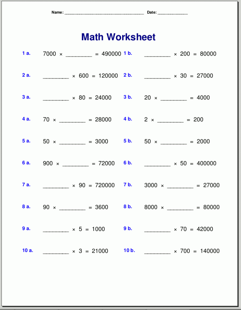 4th Grade Multiplication Math Worksheet