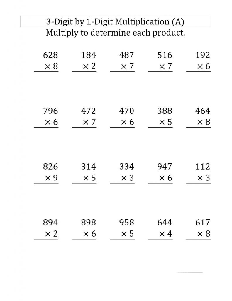 4th Grade Multiplication Worksheet - 3x1 digits