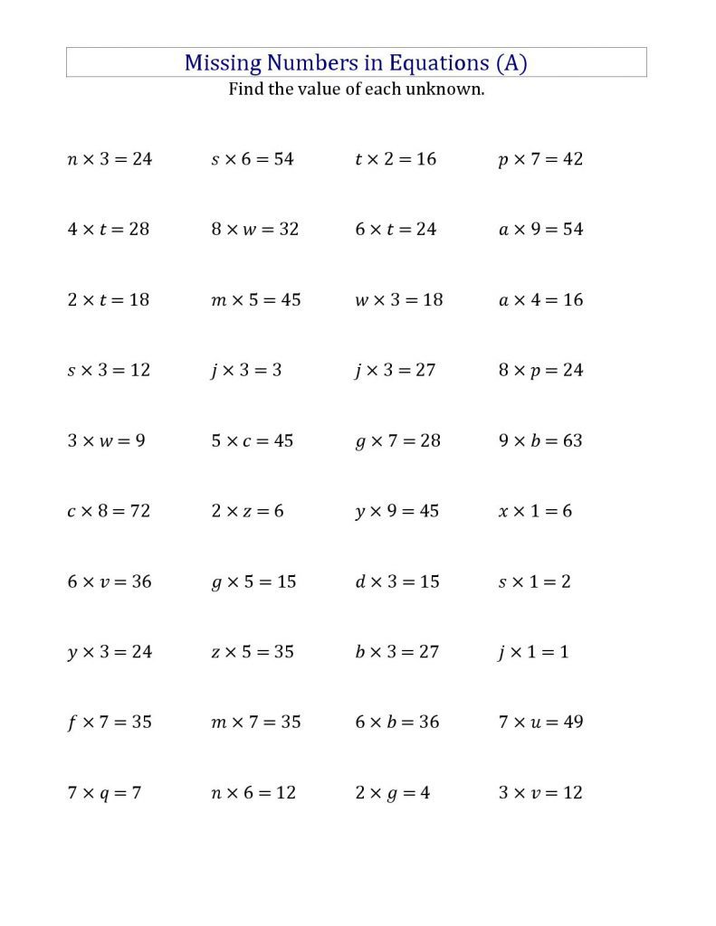 4th Grade Multiplication Worksheet - Missing Numbers