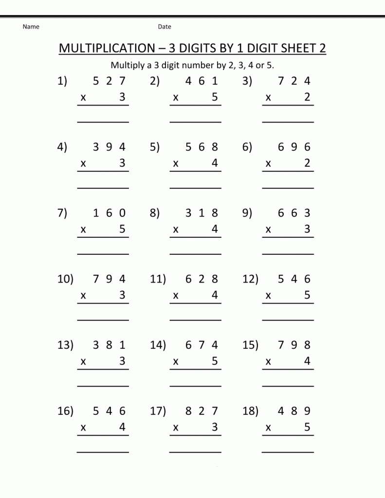 4th Grade Multiplication Worksheets - 3 digits