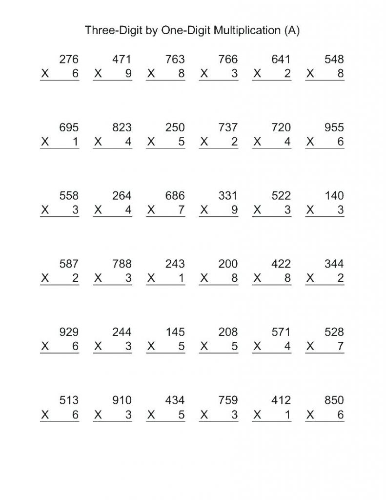 4th Grade Multiplication Worksheets - 3x1 digits