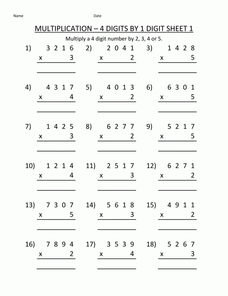 4th Grade Multiplication Worksheets - 4 digits