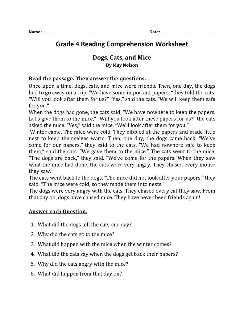 4th Grade Reading Comprehension - Dogs Cats Mice