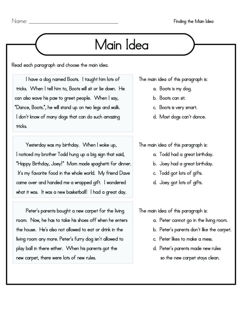 4th Grade Reading Comprehension Main Idea