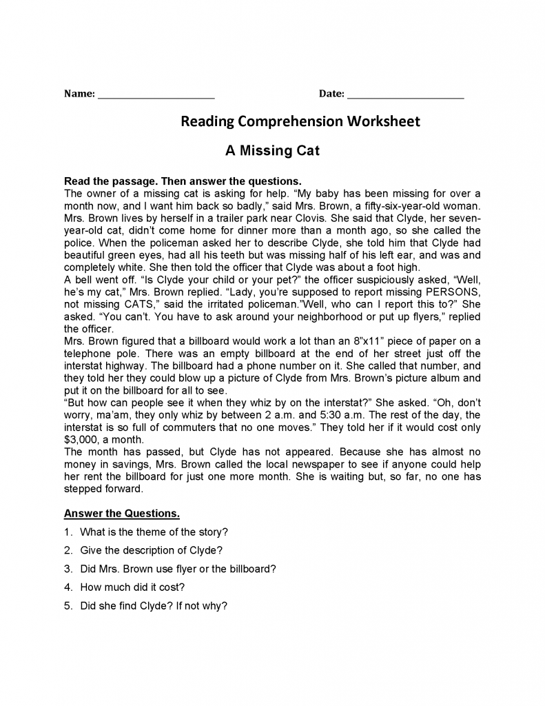 4th Grade Reading Comprehension - Missing Cat