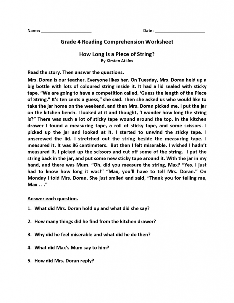 4th Grade Reading Comprehension Story