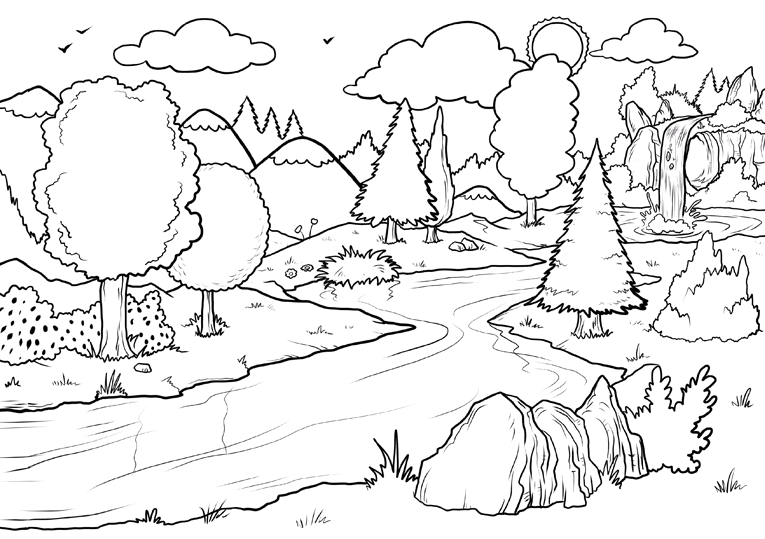 Forest Scene Waterfall Coloring Page