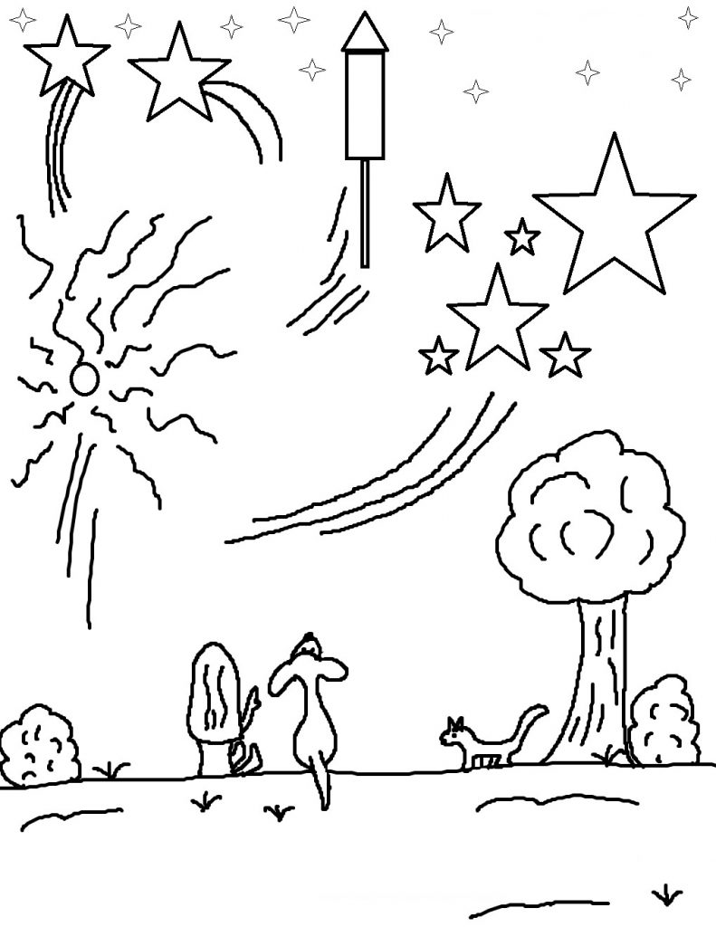 Free Printable Fireworks in July Coloring Page