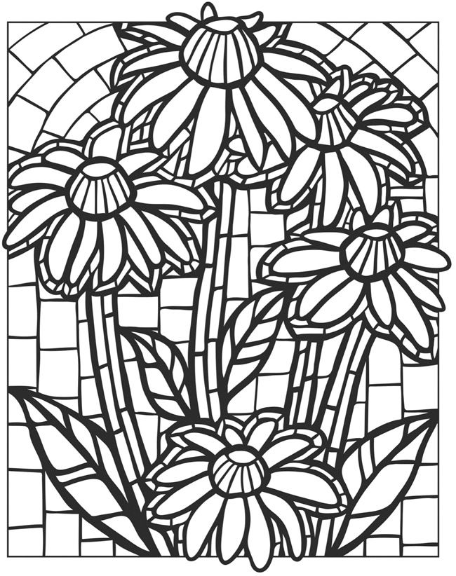 Stained Glass Daisies Coloring Page for Adults