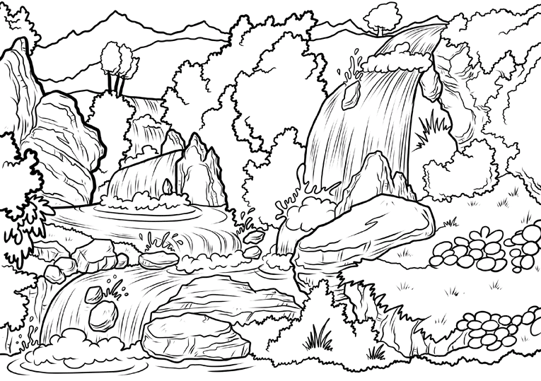 Waterfall Landscape Scene Coloring Pages
