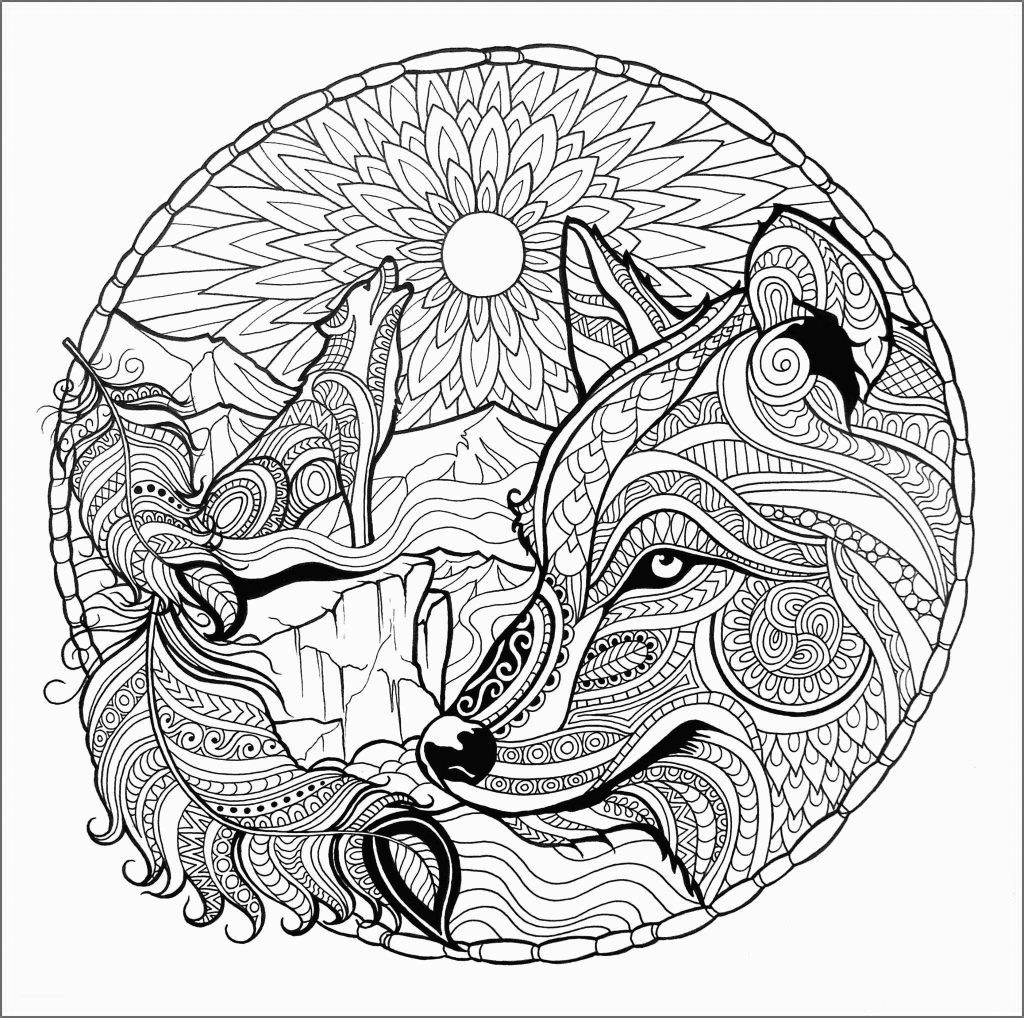 Wolf Mandala Scene Coloring Page for Adults