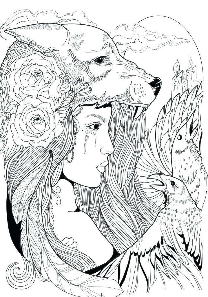 Woman with Wolf Hat Fantasy Coloring Page