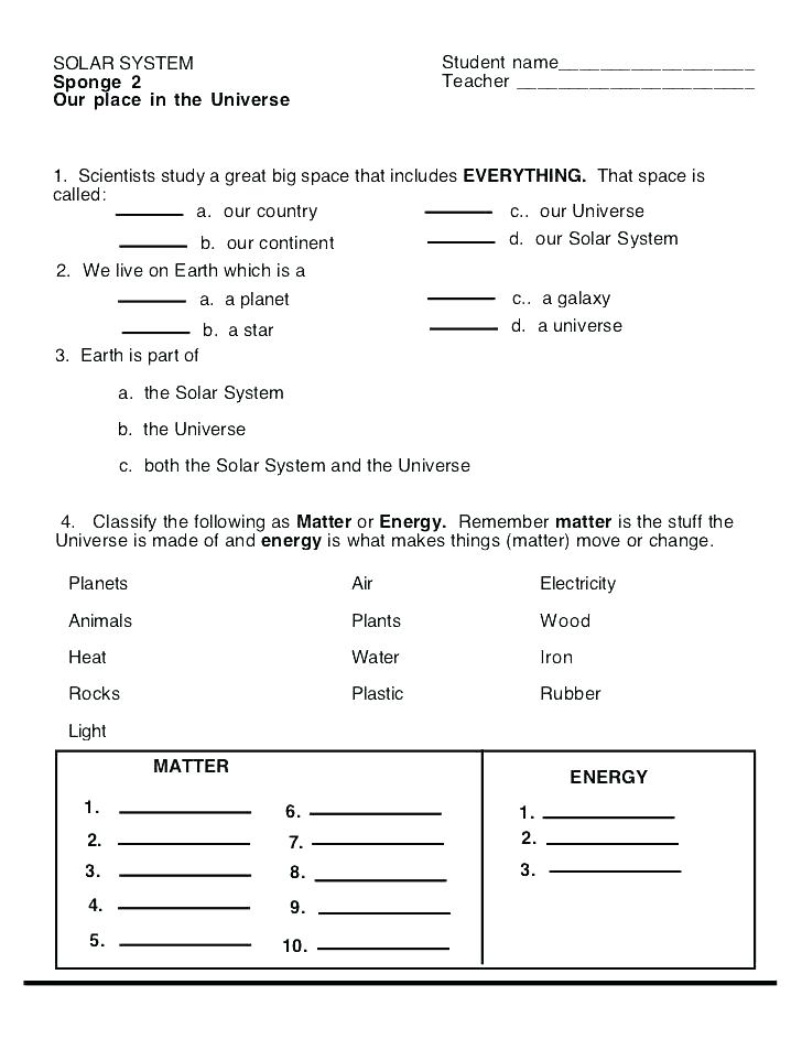 Solar System - 4th Grade Science Worksheet
