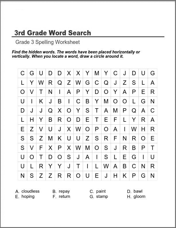 Third Grade Word Search Puzzle