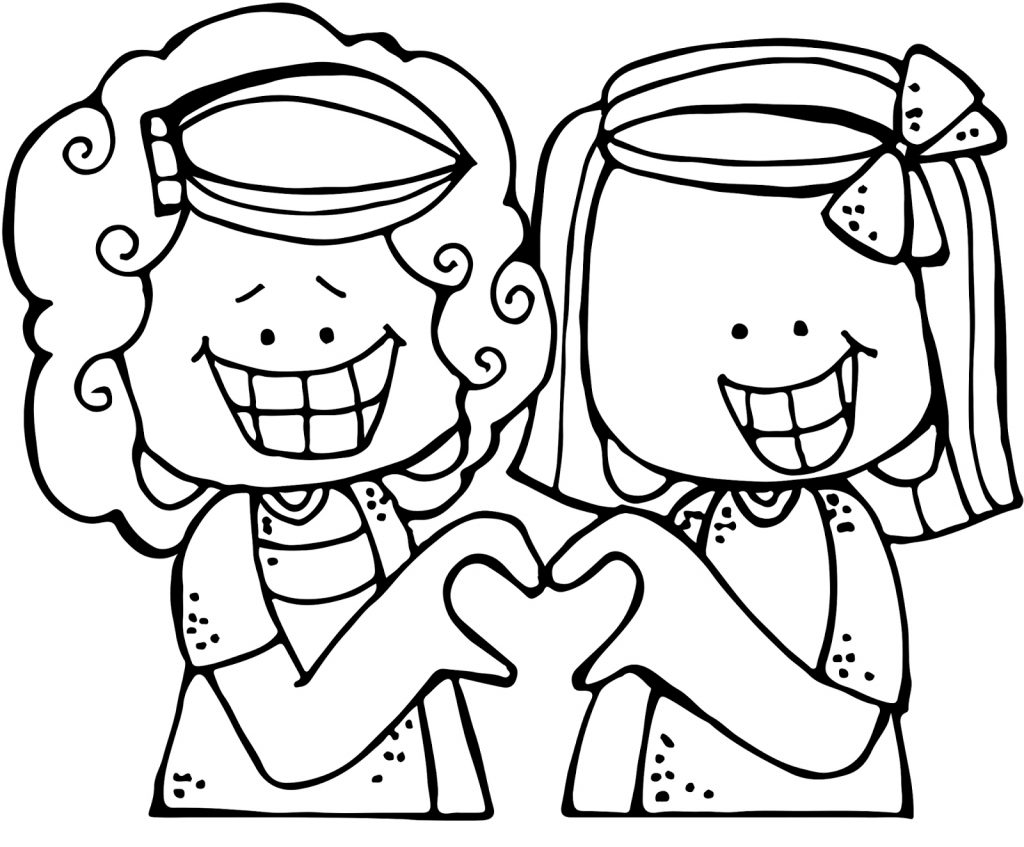 Two Girls Heart with Hands Coloring Page