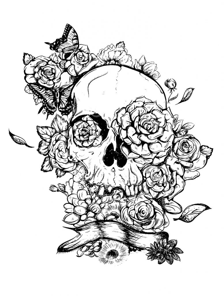 Skull and Roses Tattoo Coloring Pages for Adults