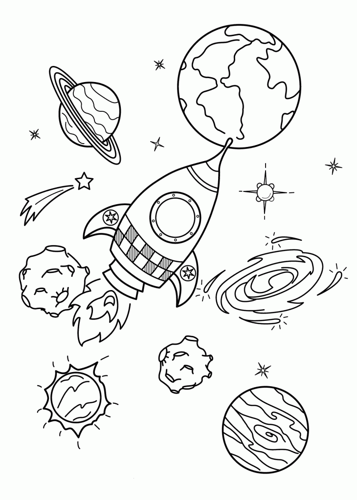 Rocket and Planets in our Galaxy Coloring Page