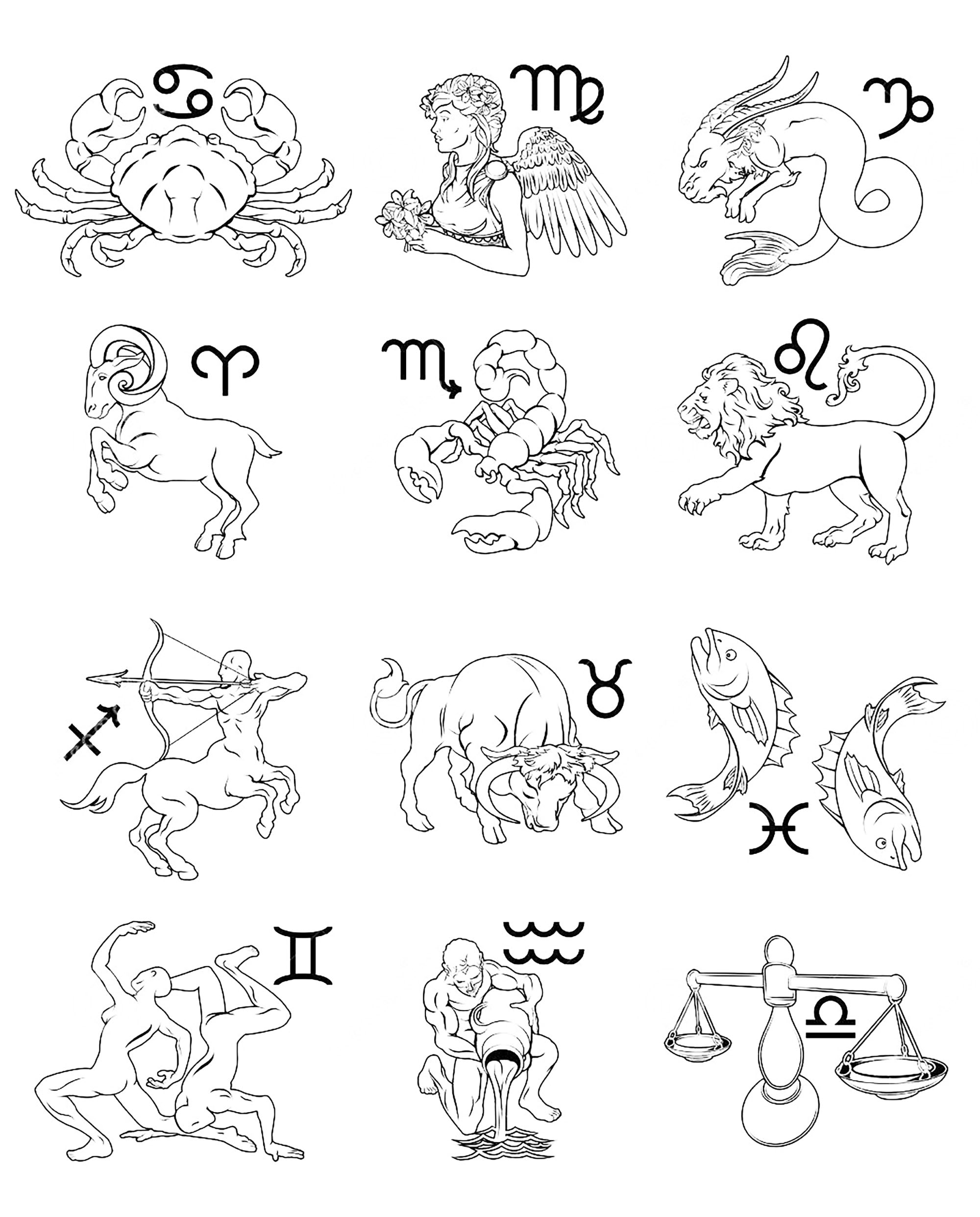 Zodiac Signs TEMPLATES for Watercolor Painting. Horoscope COLORING Pages.  Astrology Coloring Book PDF Printable. 