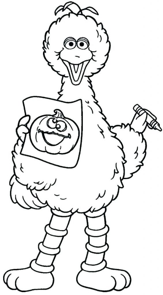 Cute Big Bird And Pumpkin Halloween Coloring Page