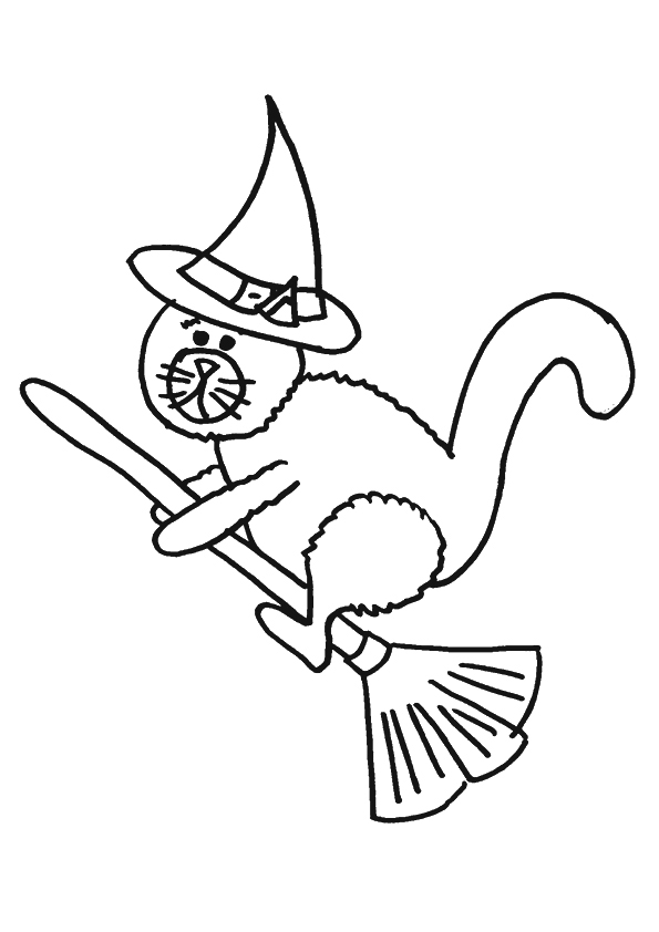 Cute Cat Witch Halloween Coloring Page