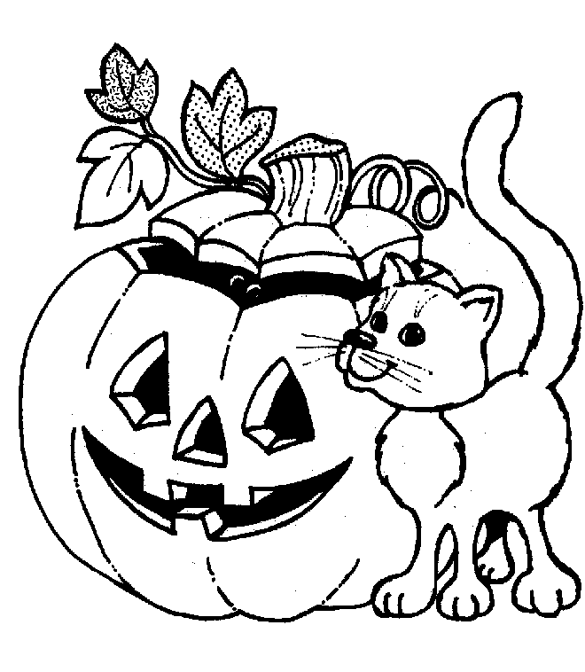 Cute Cat And Jackolantern Coloring Page