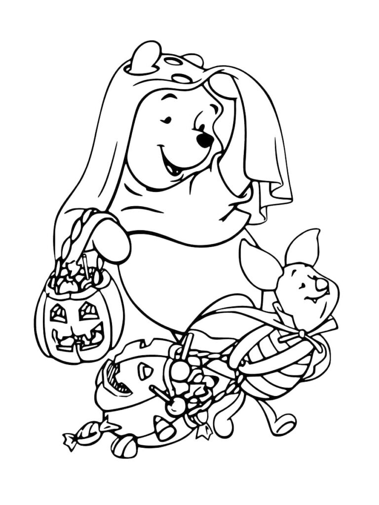 Cute Pooh And Piglet Trick Or Treating Coloring Page