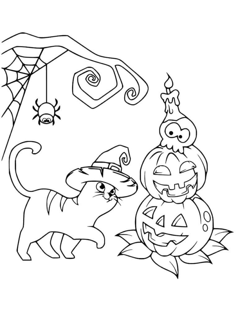 Cute Witches Cat Coloring Page
