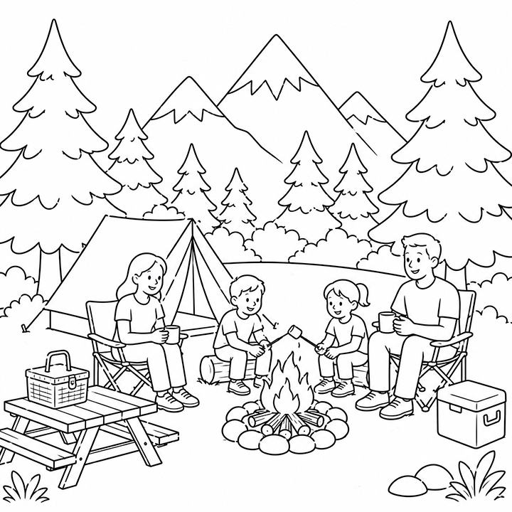 Campfire In The Forest Coloring Page