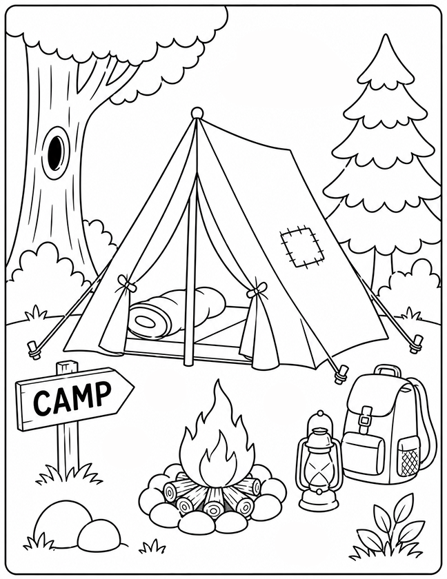 Camping In The Forest Coloring Page
