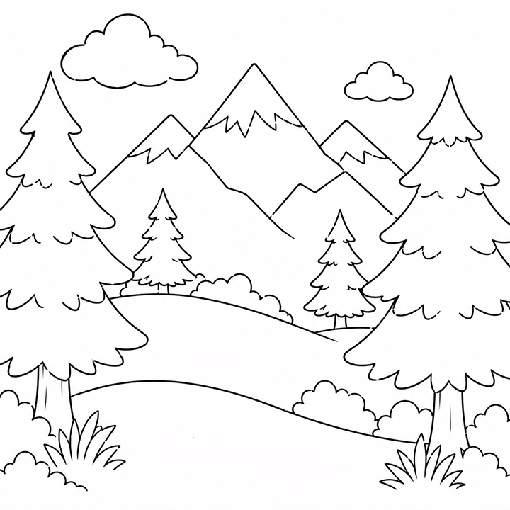 Forest Trees By The Mountains Coloring Page