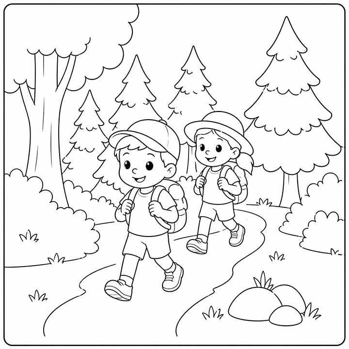 Hiking Through The Forest Coloring Page