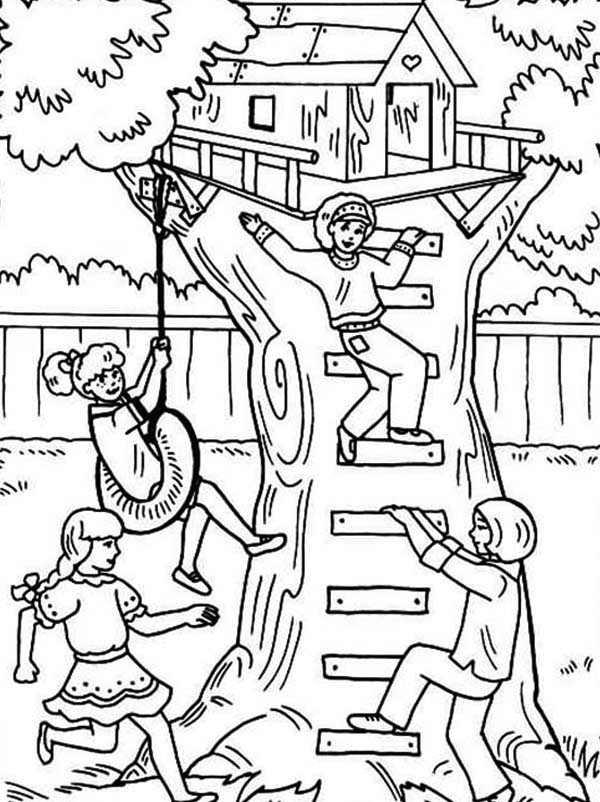 Kids Playing In Treehouse Coloring Page