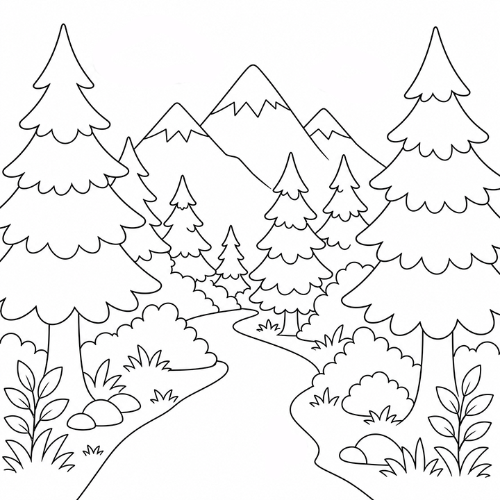 Mountains And Trees Coloring Page