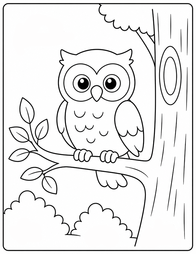 Owl In A Forest Tree Coloring Page