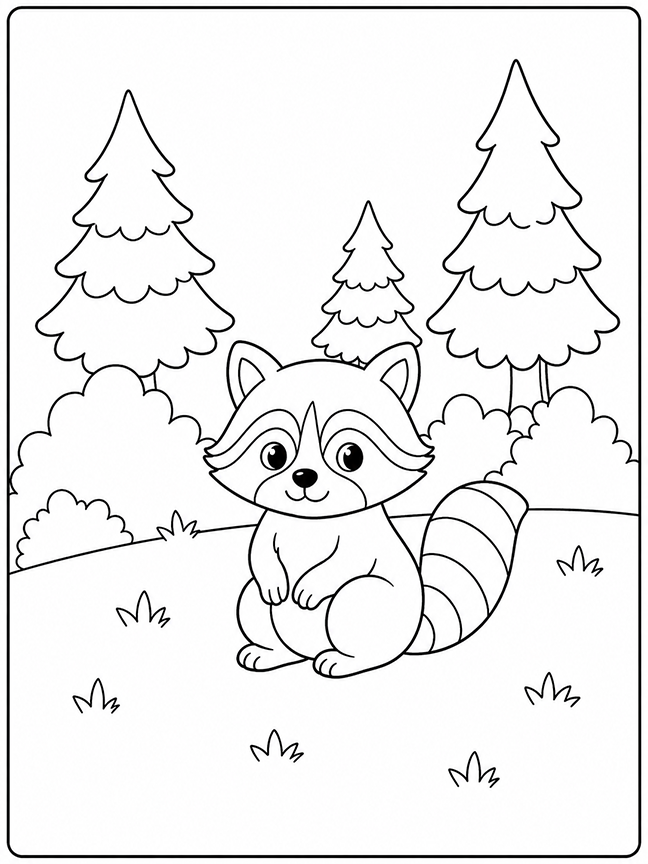 Raccoon In The Woods Coloring Page