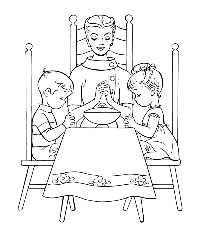 Family Saying Prayer Before Dinner Coloring Page