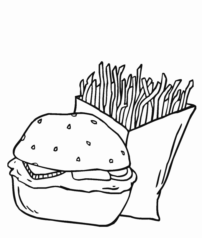 French Fries And Burger Coloring Page