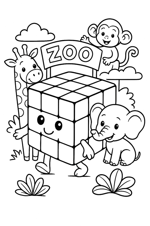 Animals And Rubiks Cube Coloring Page