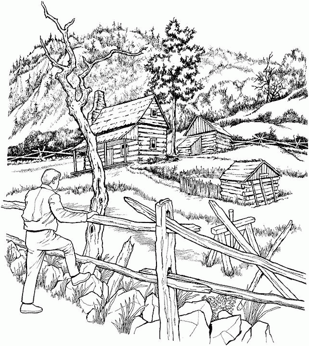 Cabin In The Woods Landscape Coloring Pages