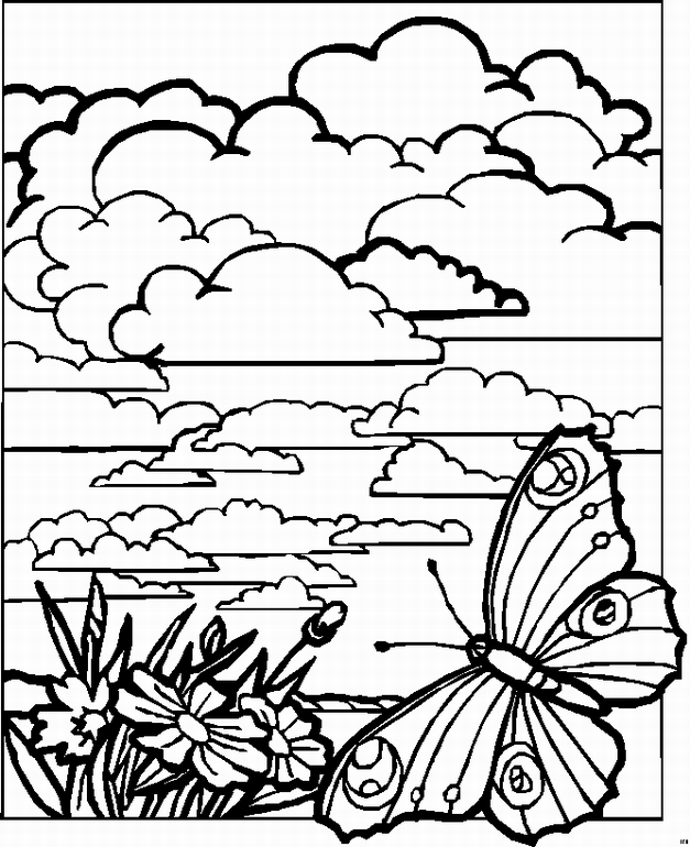 Flowers Butterfly Clouds Landscape Coloring Page