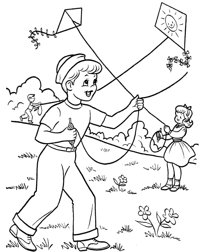 Flying Kites In Spring Coloring Page