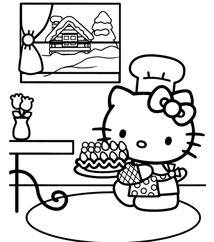 Hello Kitty Baking Cake Coloring Page