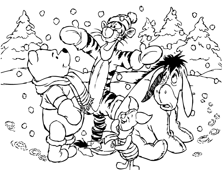Poohs Frinds In Winter Weather Coloring Page