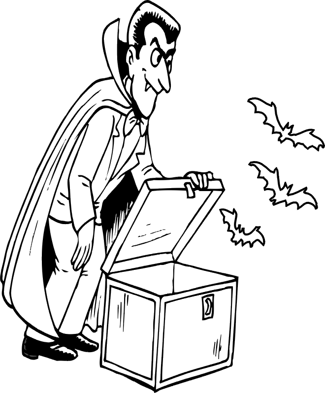 Dracula And Box Of Bats Coloring Pages