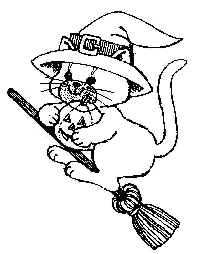 Halloween Witch Cat On Broom Coloring Page