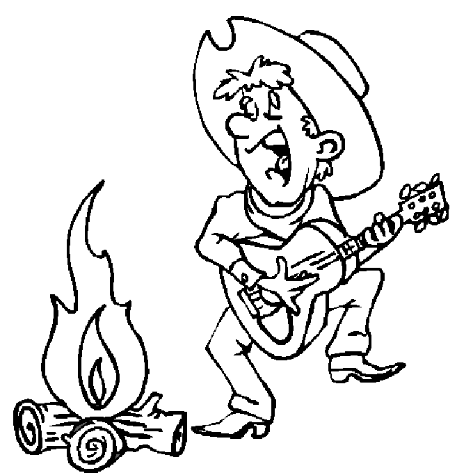 Cowboy Playing Guitar By Fire Coloring Page