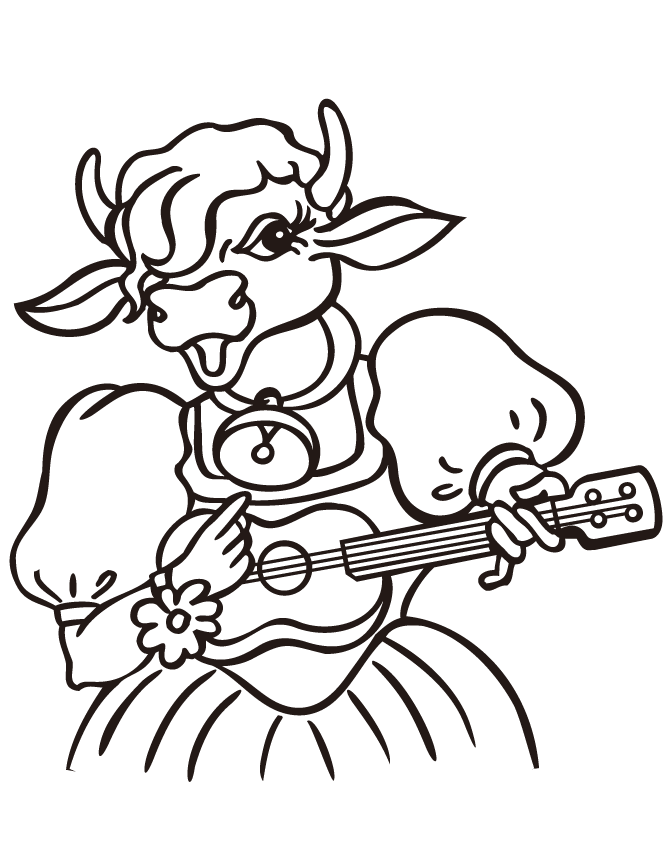 Girl Cow Playing Guitar Coloring Page