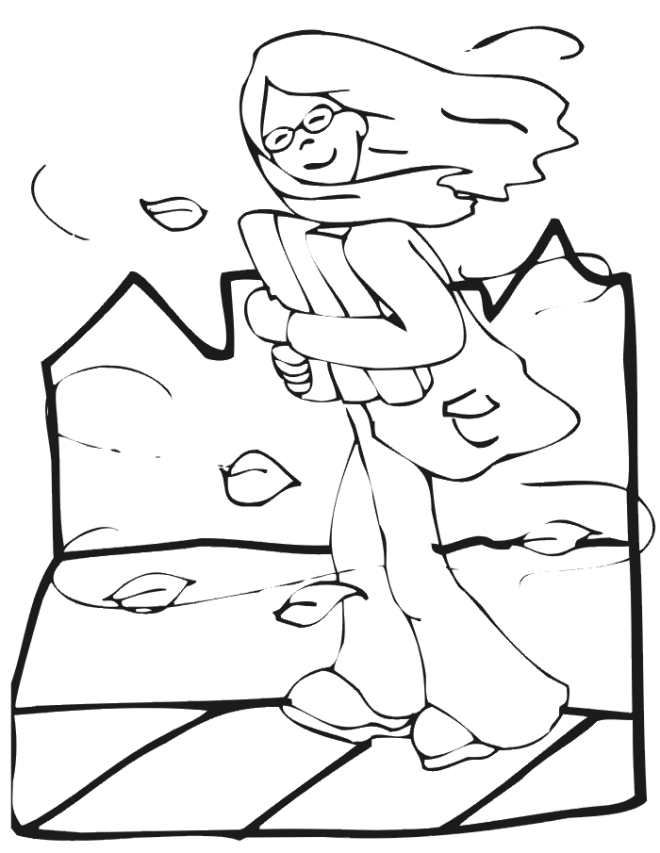 Girl Walking In Wind Coloring Page