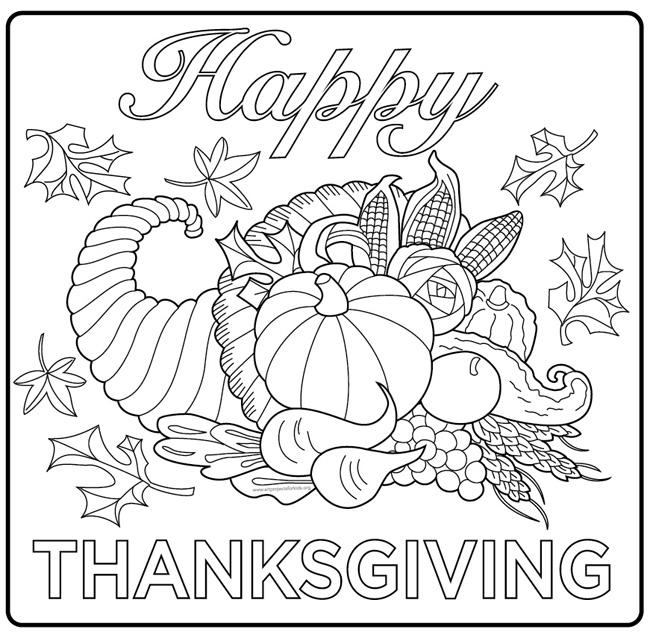 Happy Thanksgiving Cornucopia Coloring Page