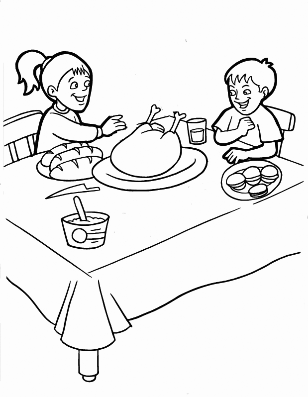 Kids Eating Thanksgiving Food Coloring Page